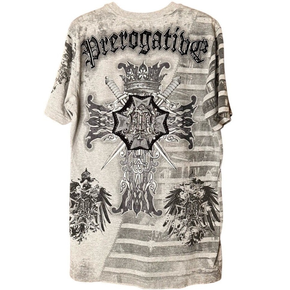 VTG Y2K Prerogative AOP Graphic Tee Men Large Gray Cross Daggers Affliction Like